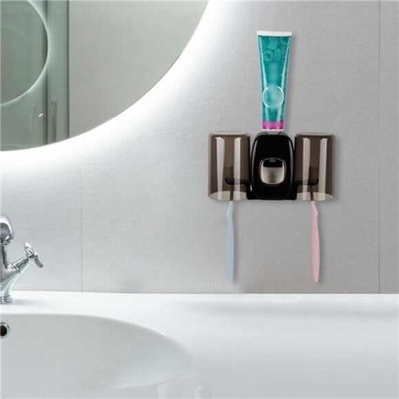 Wall Mounted Toothbrush Holder with Cover Self Adhesive Bathroom Organizer Cups - Picture 2 of 7